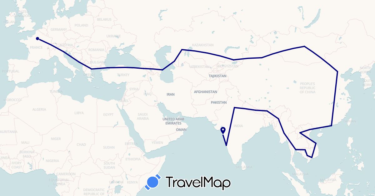 TravelMap itinerary: driving in Azerbaijan, Bhutan, China, France, Greece, Hong Kong, Croatia, India, Italy, Cambodia, Kazakhstan, Laos, Myanmar (Burma), Mongolia, Nepal, Thailand, Turkey, Vietnam (Asia, Europe)